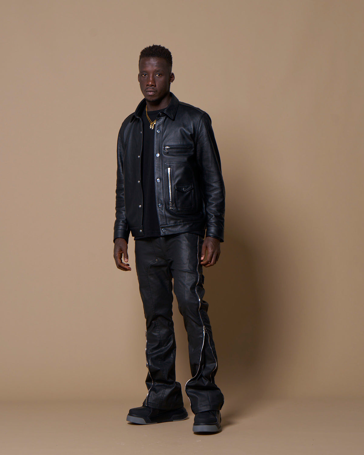 LEATHER BIKER SHIRT - BLACK