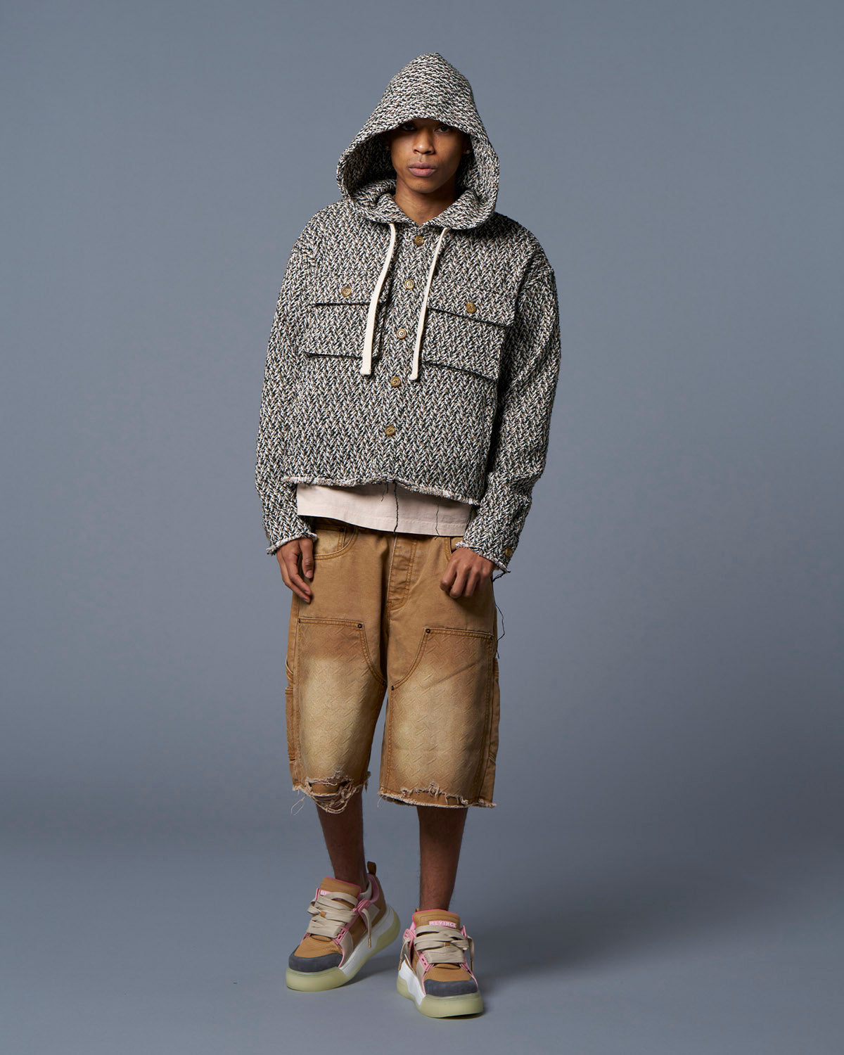 HERRINGBONE CROPPED HOODY - GREEN