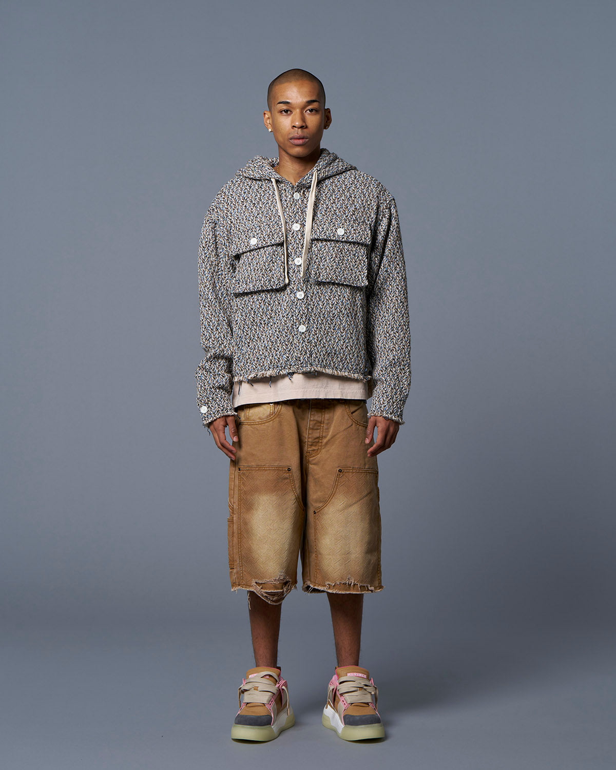 HERRINGBONE CROPPED HOODY - NAVY