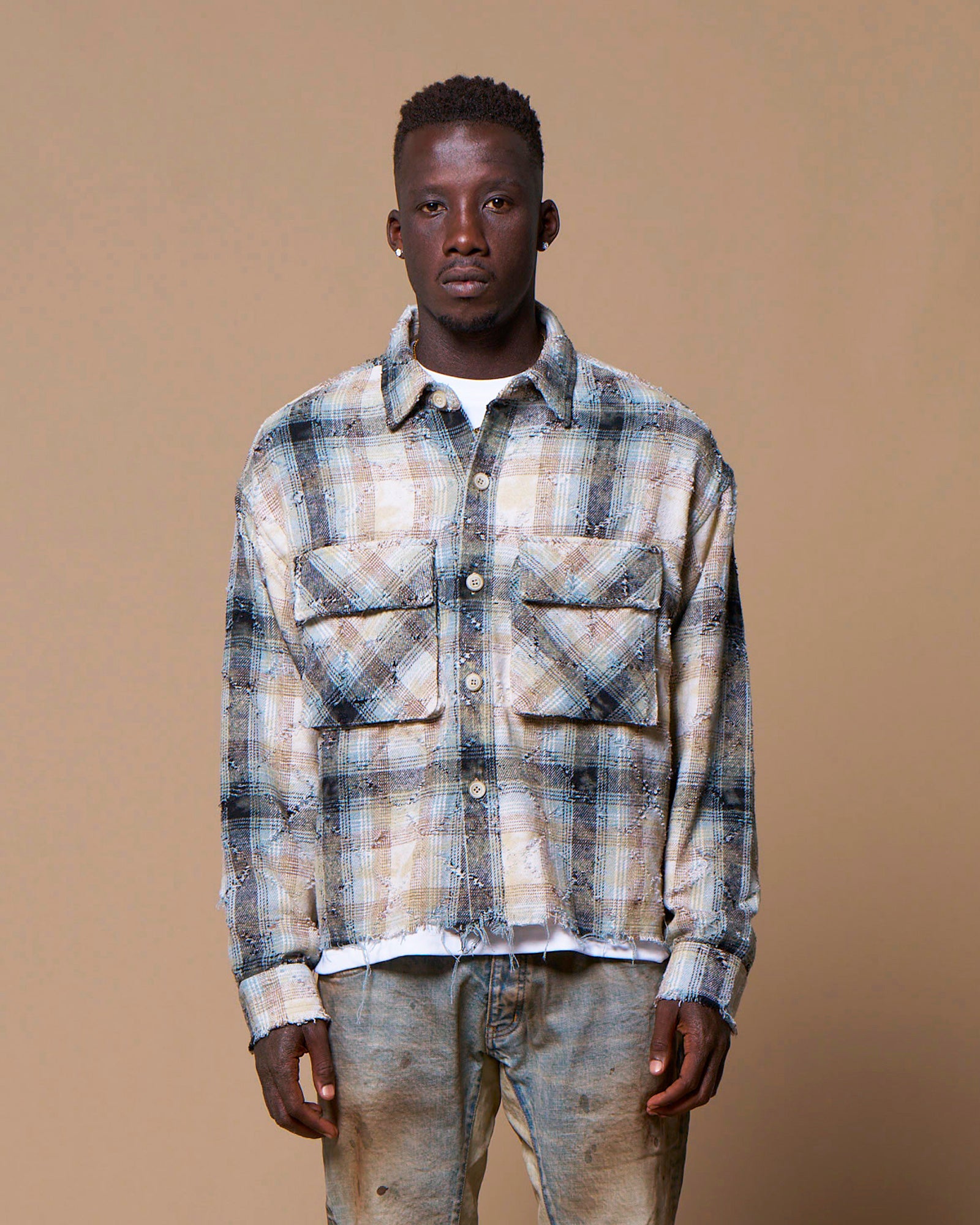 トップス Reversible Sheer Layered Check Shirt DISTRESSED CHECK SHIRTS - BLUE