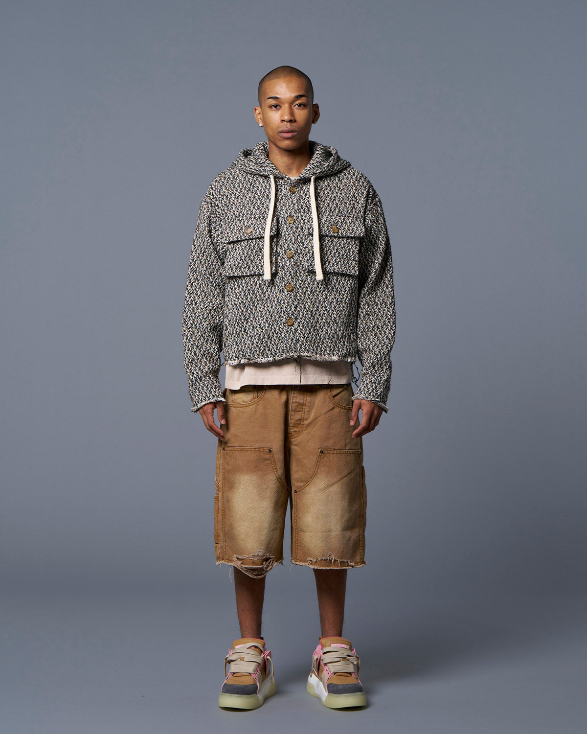 HERRINGBONE CROPPED HOODY - GREEN