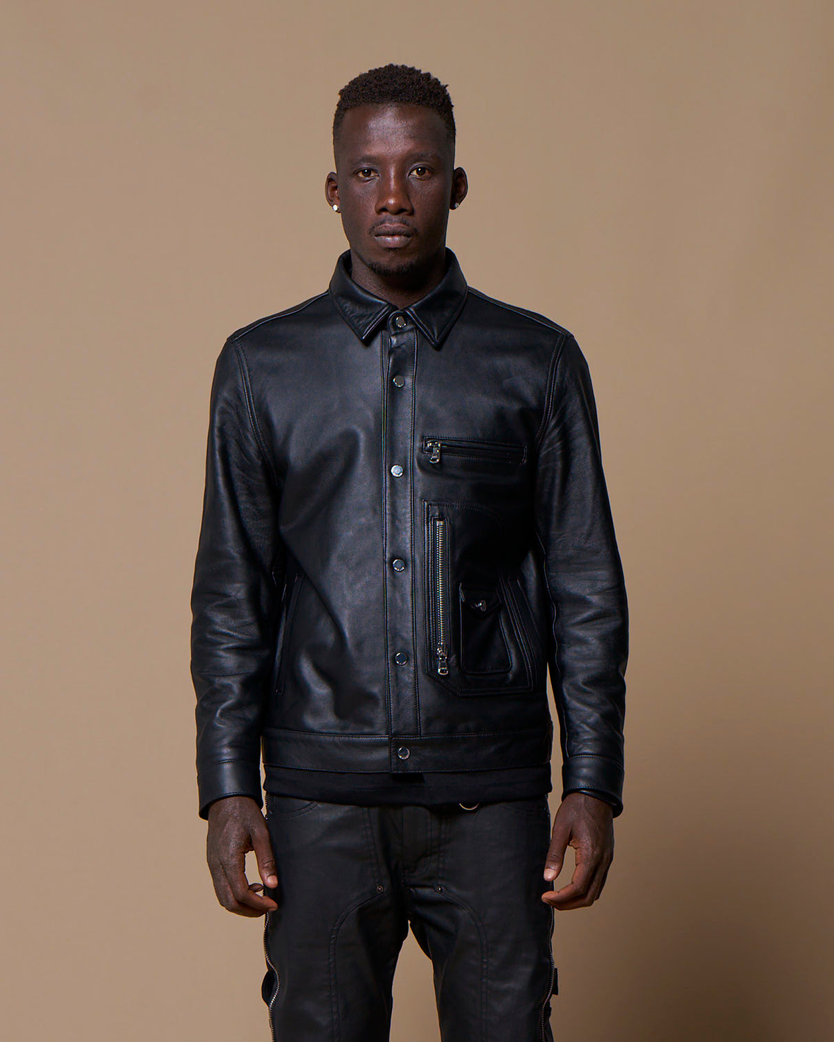 LEATHER BIKER SHIRT - BLACK