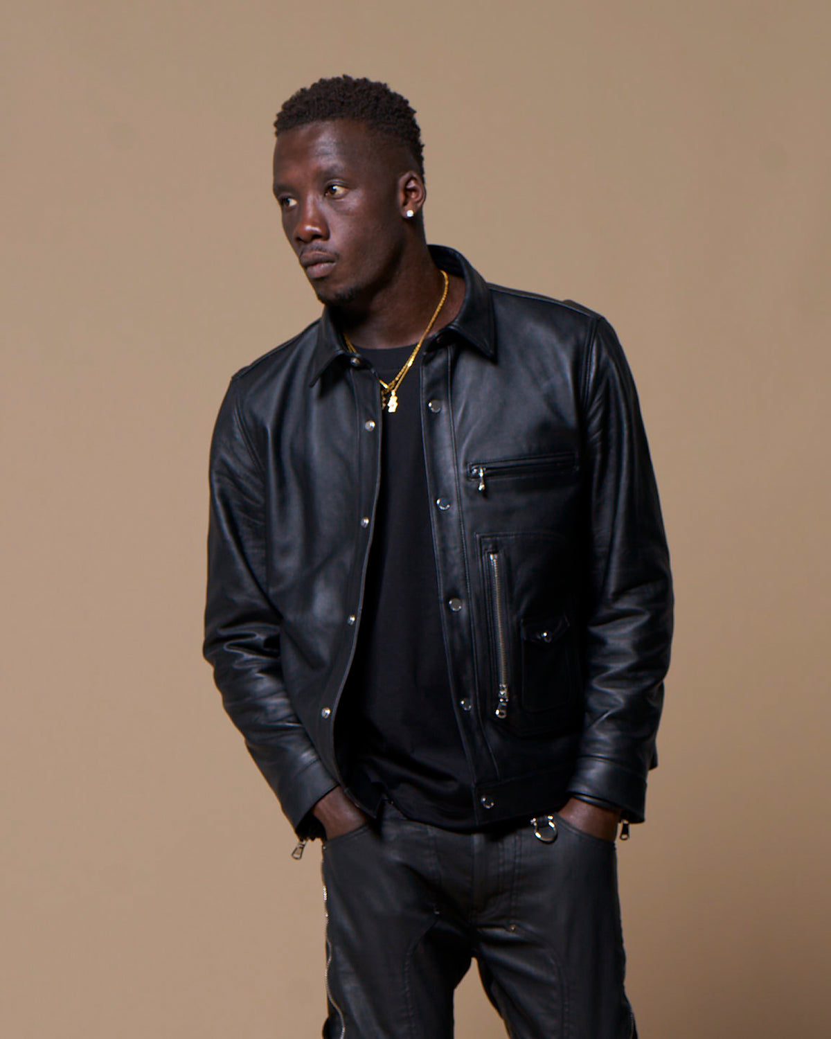 LEATHER BIKER SHIRT - BLACK